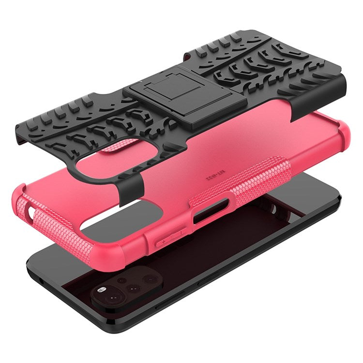 Cool Tire Texture Phone Case for Motorola Moto G22, Soft TPU + Hard PC Kickstand Drop-proof Hybrid Cover - Rose