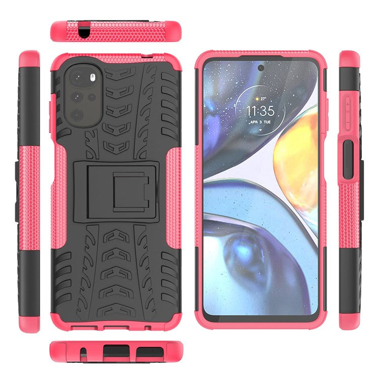 Cool Tire Texture Phone Case for Motorola Moto G22, Soft TPU + Hard PC Kickstand Drop-proof Hybrid Cover - Rose
