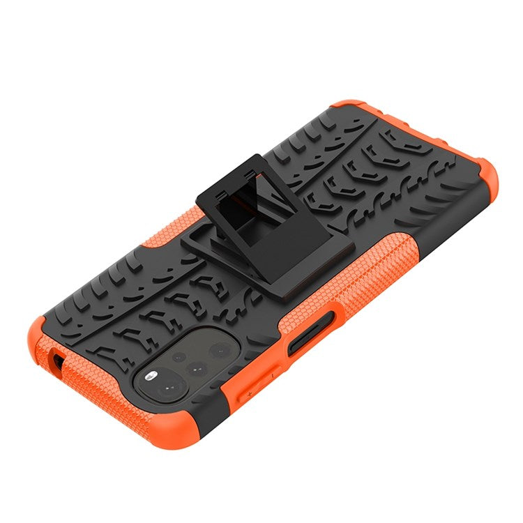 Cool Tire Texture Phone Case for Motorola Moto G22, Soft TPU + Hard PC Kickstand Drop-proof Hybrid Cover - Orange