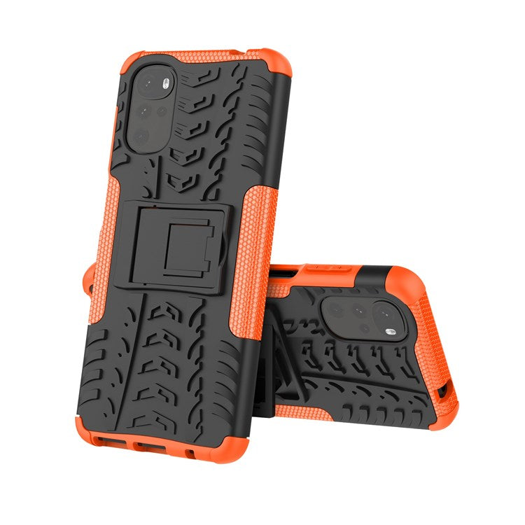 Cool Tire Texture Phone Case for Motorola Moto G22, Soft TPU + Hard PC Kickstand Drop-proof Hybrid Cover - Orange