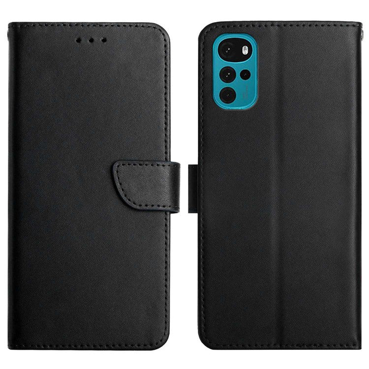 For Motorola Moto G22 Magnetic Closure Wallet Anti-fingerprint Genuine Leather Cover Nappa Texture Foldable Stand Phone Case - Black