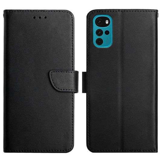 For Motorola Moto G22 Magnetic Closure Wallet Anti-fingerprint Genuine Leather Cover Nappa Texture Foldable Stand Phone Case - Black