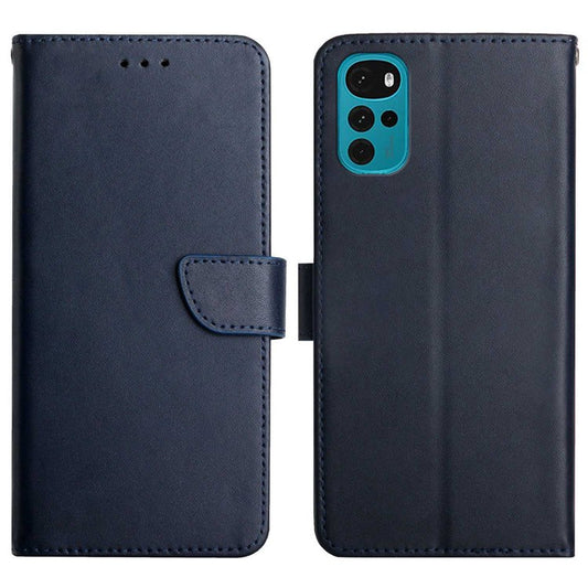 For Motorola Moto G22 Magnetic Closure Wallet Anti-fingerprint Genuine Leather Cover Nappa Texture Foldable Stand Phone Case - Blue