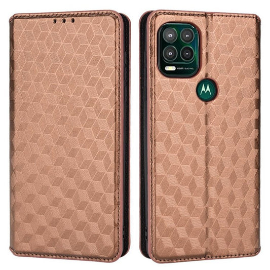 Cell Phone Case for Motorola Moto G Stylus 5G (2021), Imprinted Rhombus Pattern PU Leather Stand Magnetic Auto Closure Wallet Phone Shell - Brown