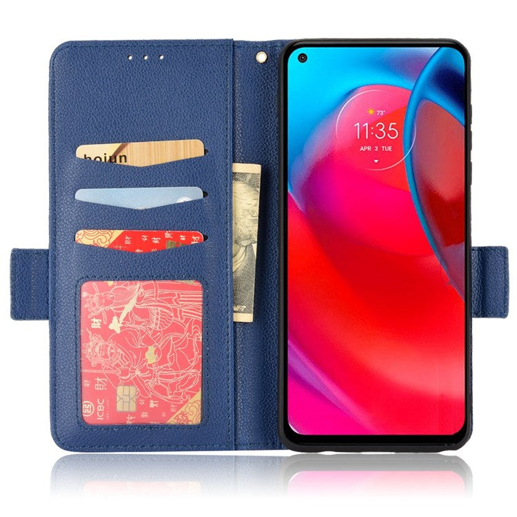 Side Buckle Litchi Texture Leather Phone Case for Motorola Moto G Stylus 5G (2021), Fingerprint-Free Wallet Stand Design PU Leather Protective Case - Dark Blue