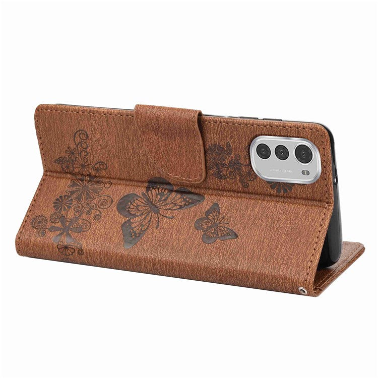 Butterflies Flower Pattern Imprinting Leather Phone Case for Motorola Moto E32, Folio Flip Wallet Stand Phone Shell - Brown
