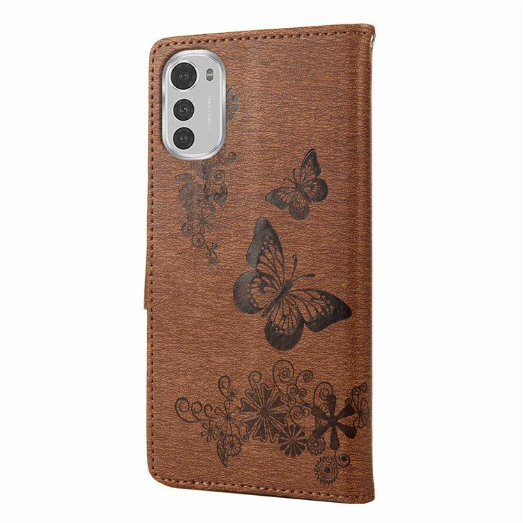 Butterflies Flower Pattern Imprinting Leather Phone Case for Motorola Moto E32, Folio Flip Wallet Stand Phone Shell - Brown