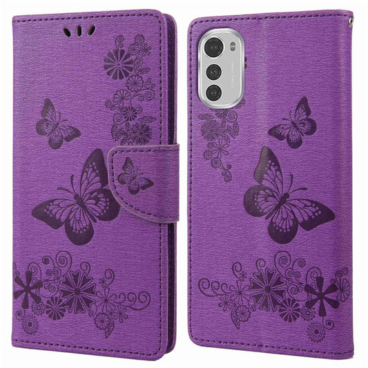 Butterflies Flower Pattern Imprinting Leather Phone Case for Motorola Moto E32, Folio Flip Wallet Stand Phone Shell - Purple