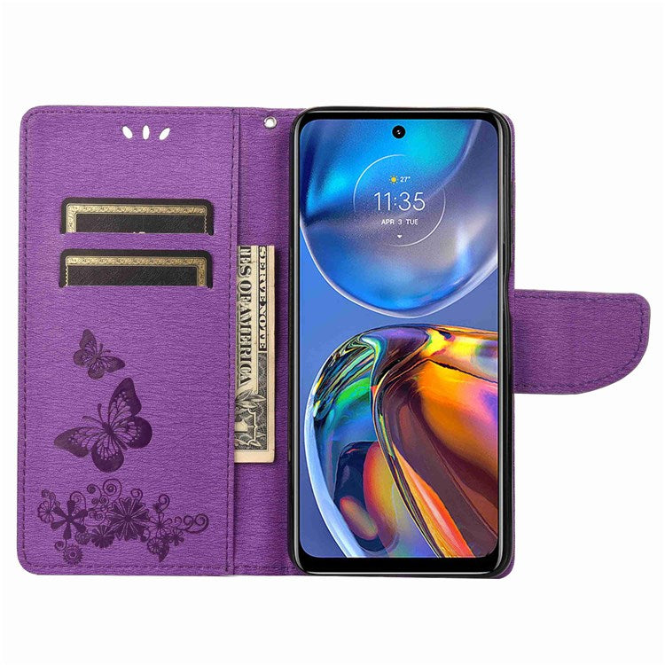 Butterflies Flower Pattern Imprinting Leather Phone Case for Motorola Moto E32, Folio Flip Wallet Stand Phone Shell - Purple