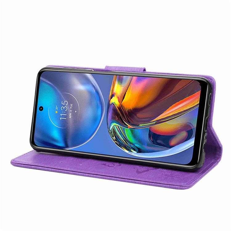 Butterflies Flower Pattern Imprinting Leather Phone Case for Motorola Moto E32, Folio Flip Wallet Stand Phone Shell - Purple