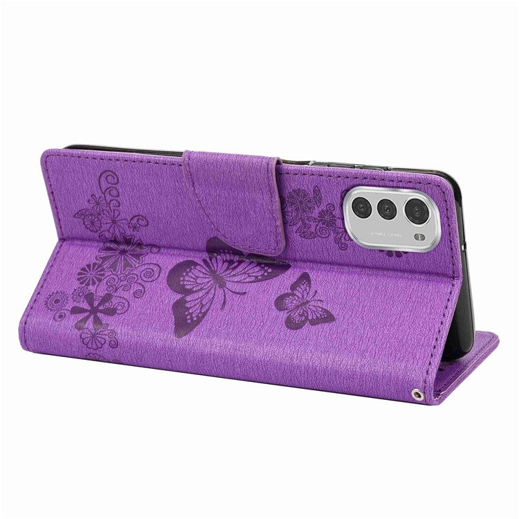 Butterflies Flower Pattern Imprinting Leather Phone Case for Motorola Moto E32, Folio Flip Wallet Stand Phone Shell - Purple