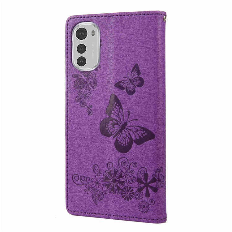 Butterflies Flower Pattern Imprinting Leather Phone Case for Motorola Moto E32, Folio Flip Wallet Stand Phone Shell - Purple