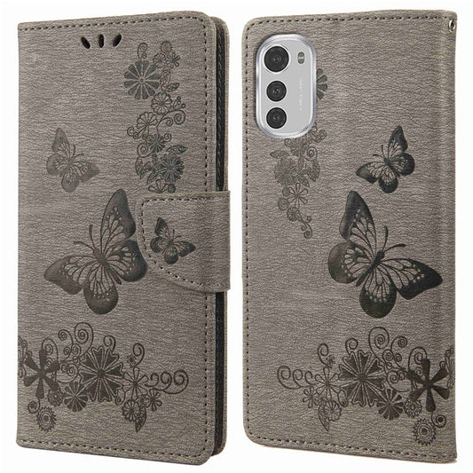 Butterflies Flower Pattern Imprinting Leather Phone Case for Motorola Moto E32, Folio Flip Wallet Stand Phone Shell - Grey