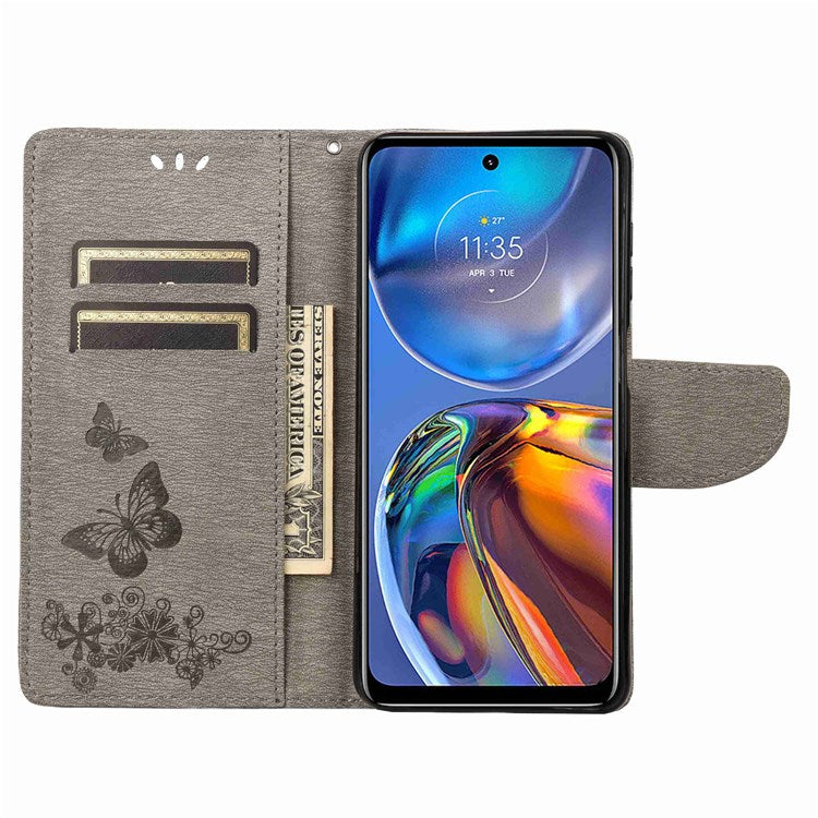Butterflies Flower Pattern Imprinting Leather Phone Case for Motorola Moto E32, Folio Flip Wallet Stand Phone Shell - Grey