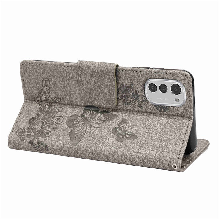 Butterflies Flower Pattern Imprinting Leather Phone Case for Motorola Moto E32, Folio Flip Wallet Stand Phone Shell - Grey