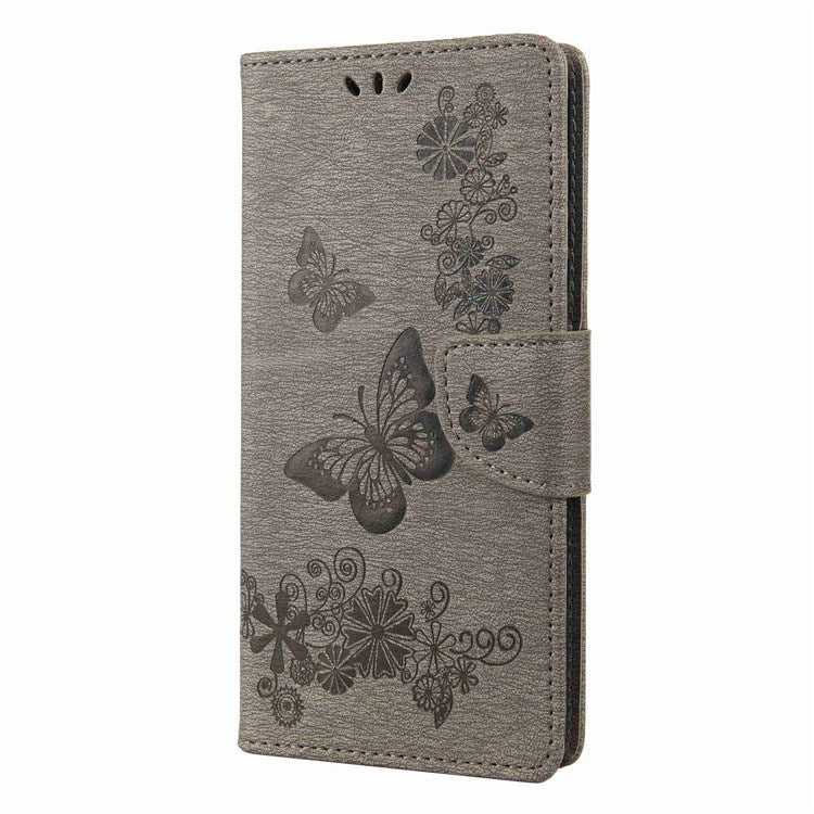 Butterflies Flower Pattern Imprinting Leather Phone Case for Motorola Moto E32, Folio Flip Wallet Stand Phone Shell - Grey