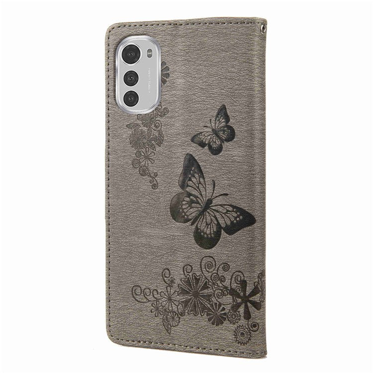 Butterflies Flower Pattern Imprinting Leather Phone Case for Motorola Moto E32, Folio Flip Wallet Stand Phone Shell - Grey