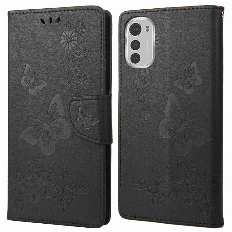 Butterflies Flower Pattern Imprinting Leather Phone Case for Motorola Moto E32, Folio Flip Wallet Stand Phone Shell - Black
