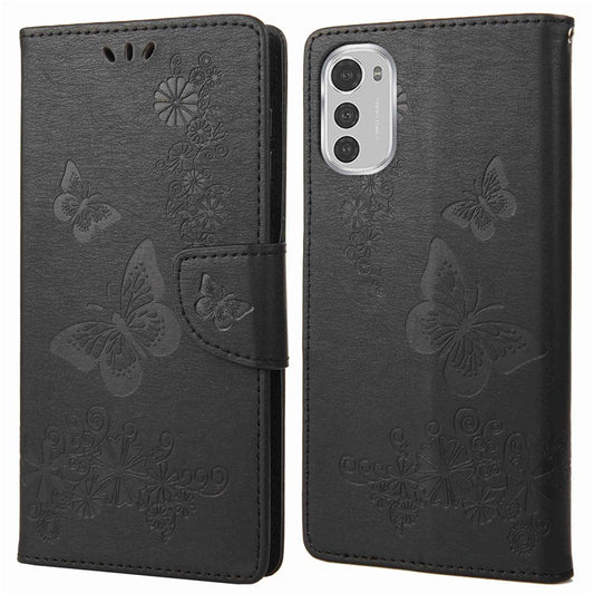 Butterflies Flower Pattern Imprinting Leather Phone Case for Motorola Moto E32, Folio Flip Wallet Stand Phone Shell - Black