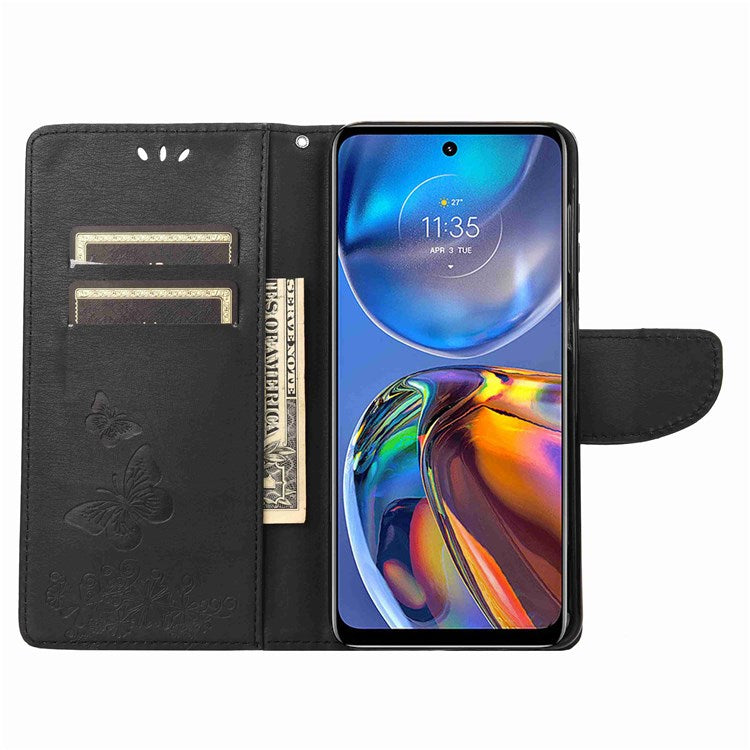 Butterflies Flower Pattern Imprinting Leather Phone Case for Motorola Moto E32, Folio Flip Wallet Stand Phone Shell - Black