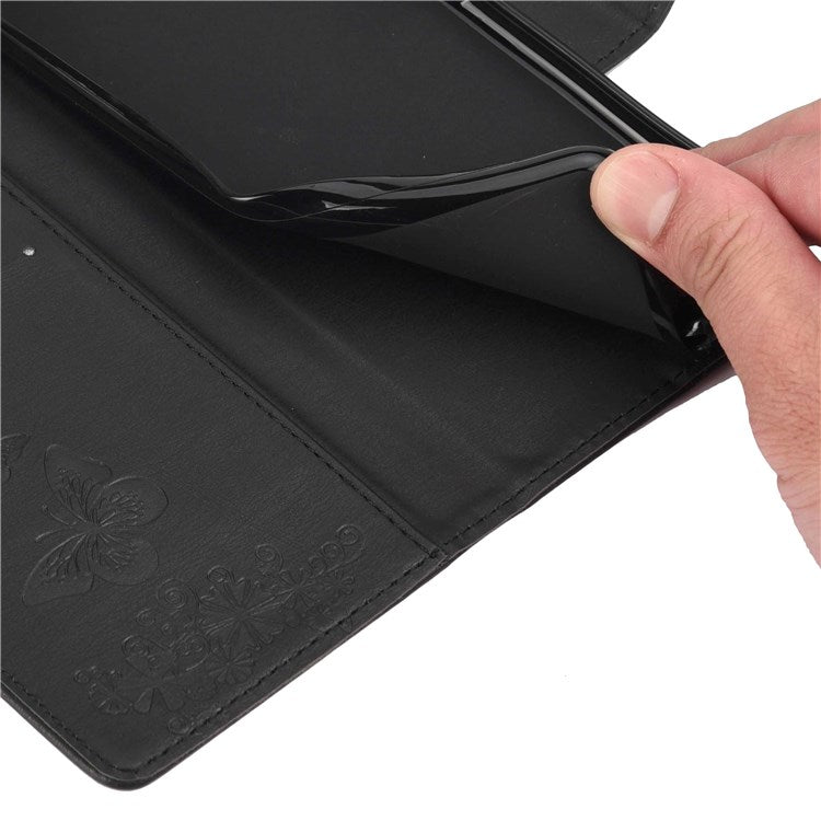 Butterflies Flower Pattern Imprinting Leather Phone Case for Motorola Moto E32, Folio Flip Wallet Stand Phone Shell - Black