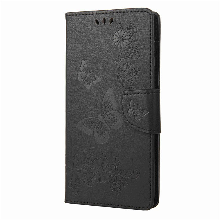 Butterflies Flower Pattern Imprinting Leather Phone Case for Motorola Moto E32, Folio Flip Wallet Stand Phone Shell - Black