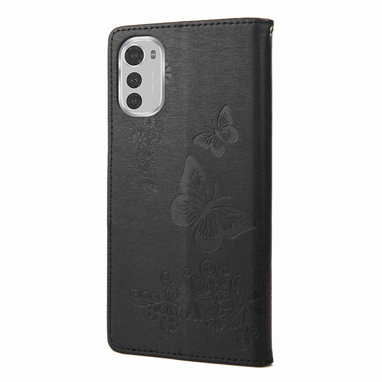 Butterflies Flower Pattern Imprinting Leather Phone Case for Motorola Moto E32, Folio Flip Wallet Stand Phone Shell - Black