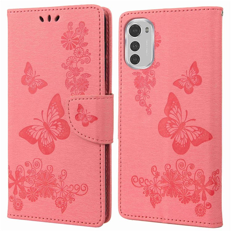 Butterflies Flower Pattern Imprinting Leather Phone Case for Motorola Moto E32, Folio Flip Wallet Stand Phone Shell - Pink