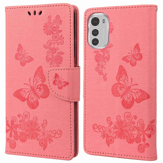 Butterflies Flower Pattern Imprinting Leather Phone Case for Motorola Moto E32, Folio Flip Wallet Stand Phone Shell - Pink
