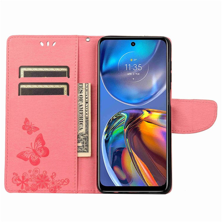 Butterflies Flower Pattern Imprinting Leather Phone Case for Motorola Moto E32, Folio Flip Wallet Stand Phone Shell - Pink