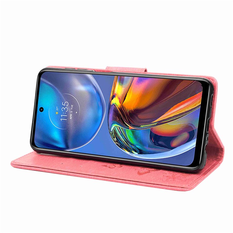 Butterflies Flower Pattern Imprinting Leather Phone Case for Motorola Moto E32, Folio Flip Wallet Stand Phone Shell - Pink