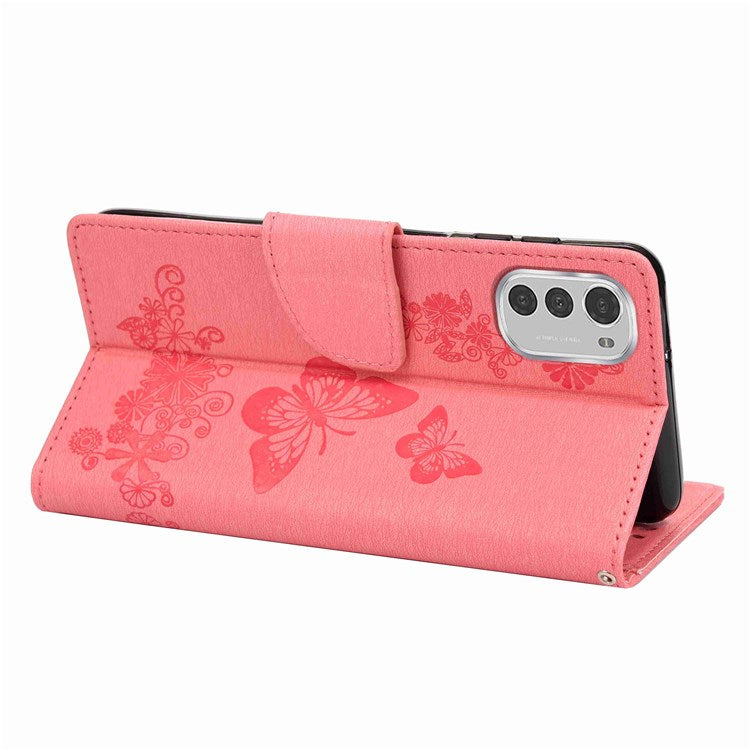 Butterflies Flower Pattern Imprinting Leather Phone Case for Motorola Moto E32, Folio Flip Wallet Stand Phone Shell - Pink