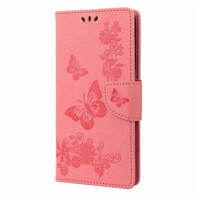 Butterflies Flower Pattern Imprinting Leather Phone Case for Motorola Moto E32, Folio Flip Wallet Stand Phone Shell - Pink