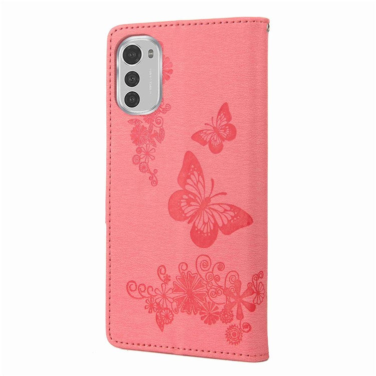 Butterflies Flower Pattern Imprinting Leather Phone Case for Motorola Moto E32, Folio Flip Wallet Stand Phone Shell - Pink