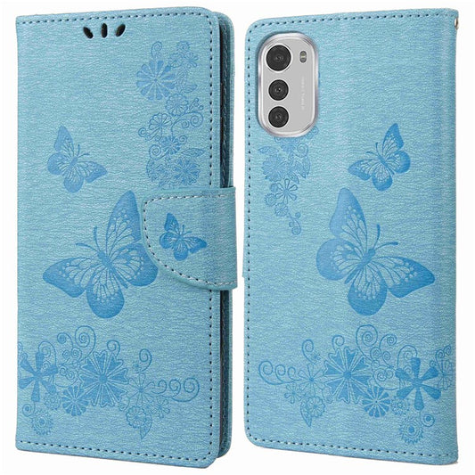 Butterflies Flower Pattern Imprinting Leather Phone Case for Motorola Moto E32, Folio Flip Wallet Stand Phone Shell - Blue