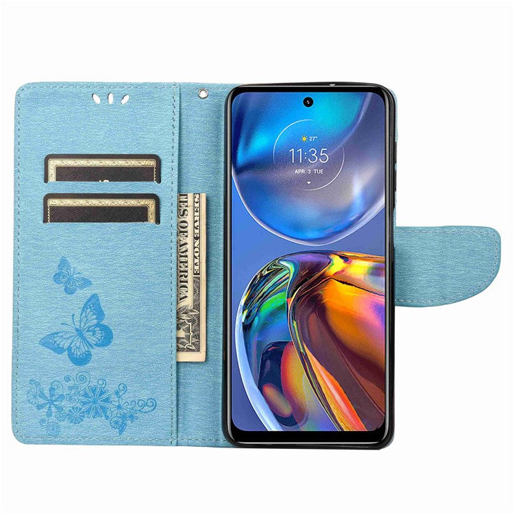 Butterflies Flower Pattern Imprinting Leather Phone Case for Motorola Moto E32, Folio Flip Wallet Stand Phone Shell - Blue