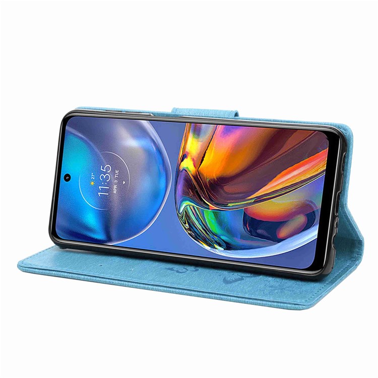 Butterflies Flower Pattern Imprinting Leather Phone Case for Motorola Moto E32, Folio Flip Wallet Stand Phone Shell - Blue