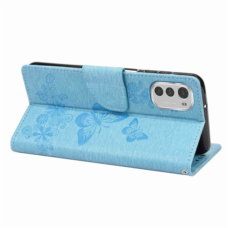 Butterflies Flower Pattern Imprinting Leather Phone Case for Motorola Moto E32, Folio Flip Wallet Stand Phone Shell - Blue