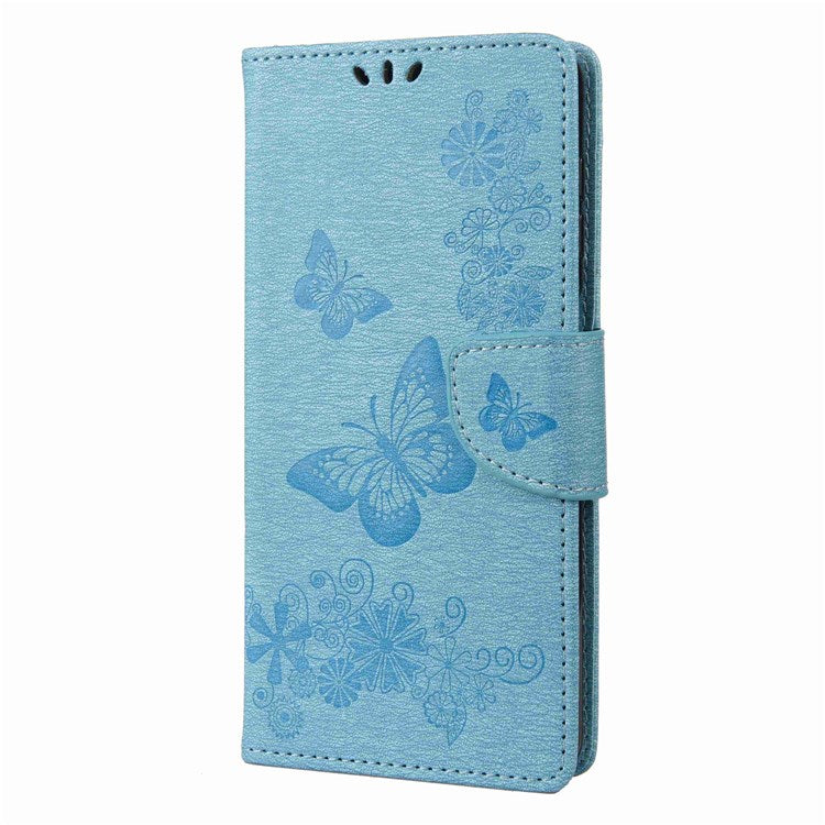 Butterflies Flower Pattern Imprinting Leather Phone Case for Motorola Moto E32, Folio Flip Wallet Stand Phone Shell - Blue