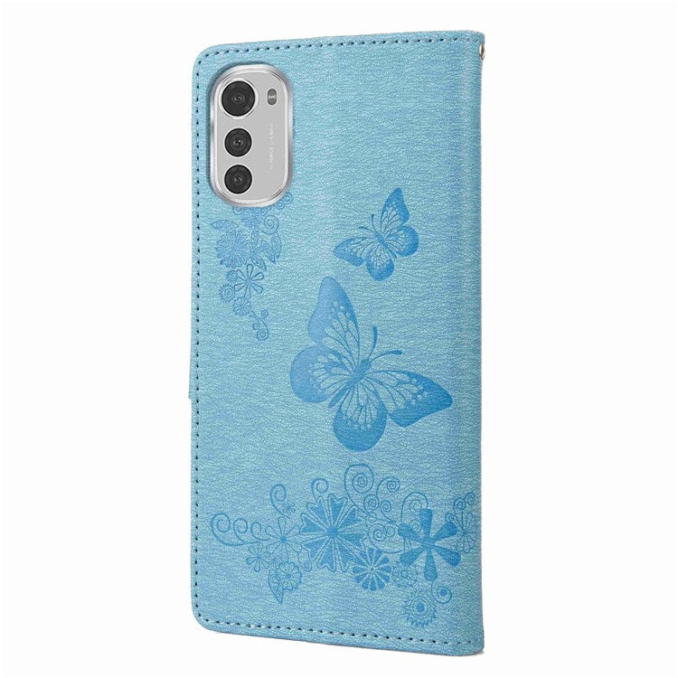 Butterflies Flower Pattern Imprinting Leather Phone Case for Motorola Moto E32, Folio Flip Wallet Stand Phone Shell - Blue