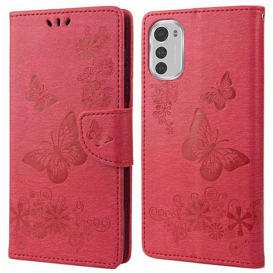 Butterflies Flower Pattern Imprinting Leather Phone Case for Motorola Moto E32, Folio Flip Wallet Stand Phone Shell - Red