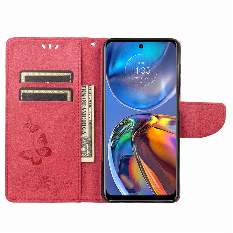 Butterflies Flower Pattern Imprinting Leather Phone Case for Motorola Moto E32, Folio Flip Wallet Stand Phone Shell - Red
