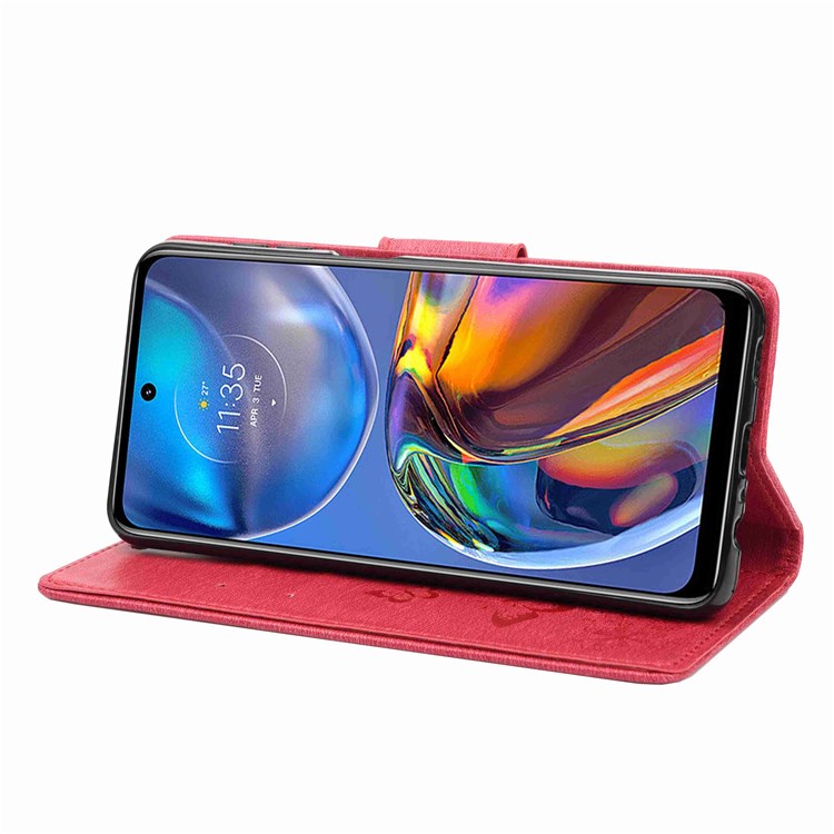 Butterflies Flower Pattern Imprinting Leather Phone Case for Motorola Moto E32, Folio Flip Wallet Stand Phone Shell - Red