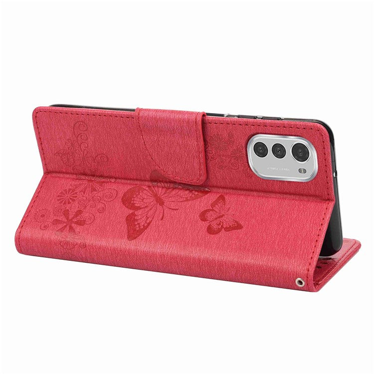 Butterflies Flower Pattern Imprinting Leather Phone Case for Motorola Moto E32, Folio Flip Wallet Stand Phone Shell - Red