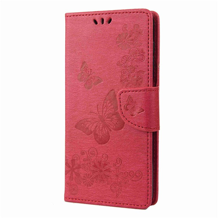 Butterflies Flower Pattern Imprinting Leather Phone Case for Motorola Moto E32, Folio Flip Wallet Stand Phone Shell - Red
