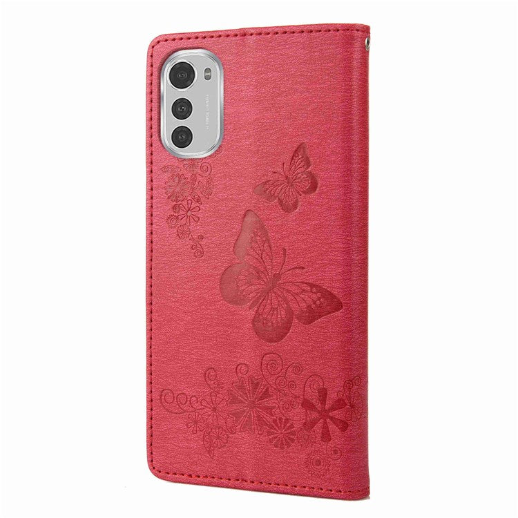 Butterflies Flower Pattern Imprinting Leather Phone Case for Motorola Moto E32, Folio Flip Wallet Stand Phone Shell - Red