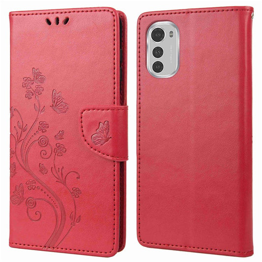 Butterfly Flower Imprinting Wallet Leather Case for Motorola Moto E32, Phone Shell Accessory with Stand - Red