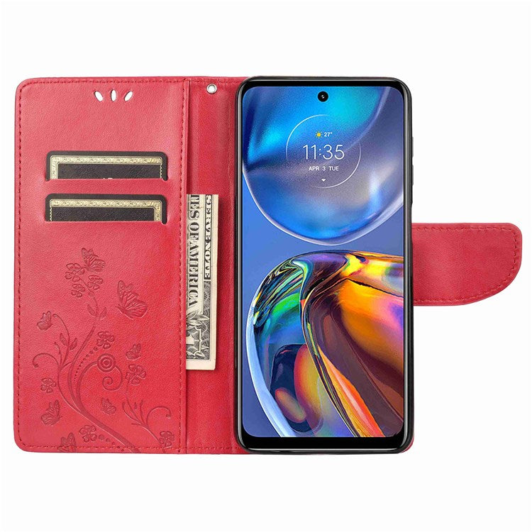 Butterfly Flower Imprinting Wallet Leather Case for Motorola Moto E32, Phone Shell Accessory with Stand - Red