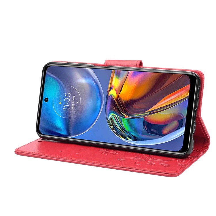 Butterfly Flower Imprinting Wallet Leather Case for Motorola Moto E32, Phone Shell Accessory with Stand - Red