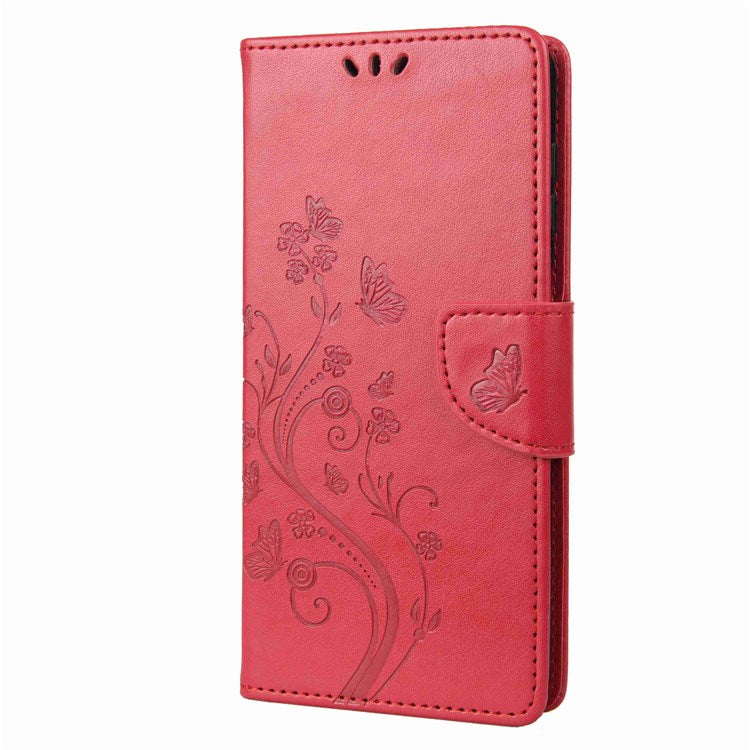 Butterfly Flower Imprinting Wallet Leather Case for Motorola Moto E32, Phone Shell Accessory with Stand - Red